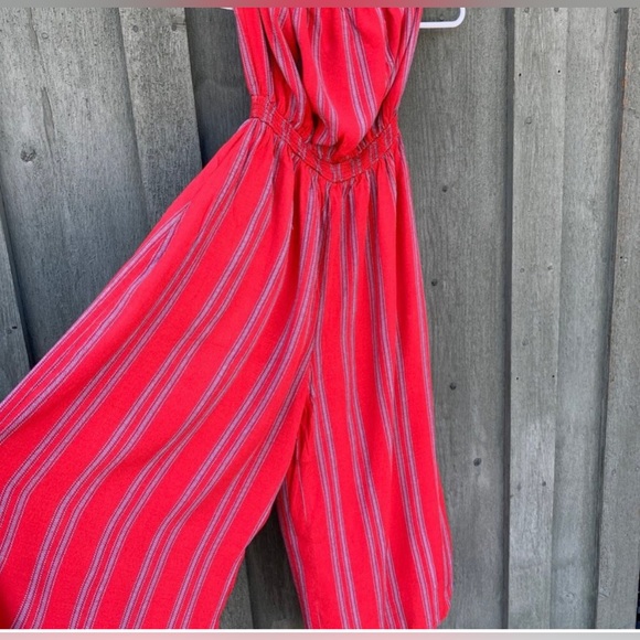 SILENCE +NOISE JACKSON STRAPLESS CULOTTE JUMPSUIT IN RED AND BLUE STRIPES SIZE S - Picture 11 of 16